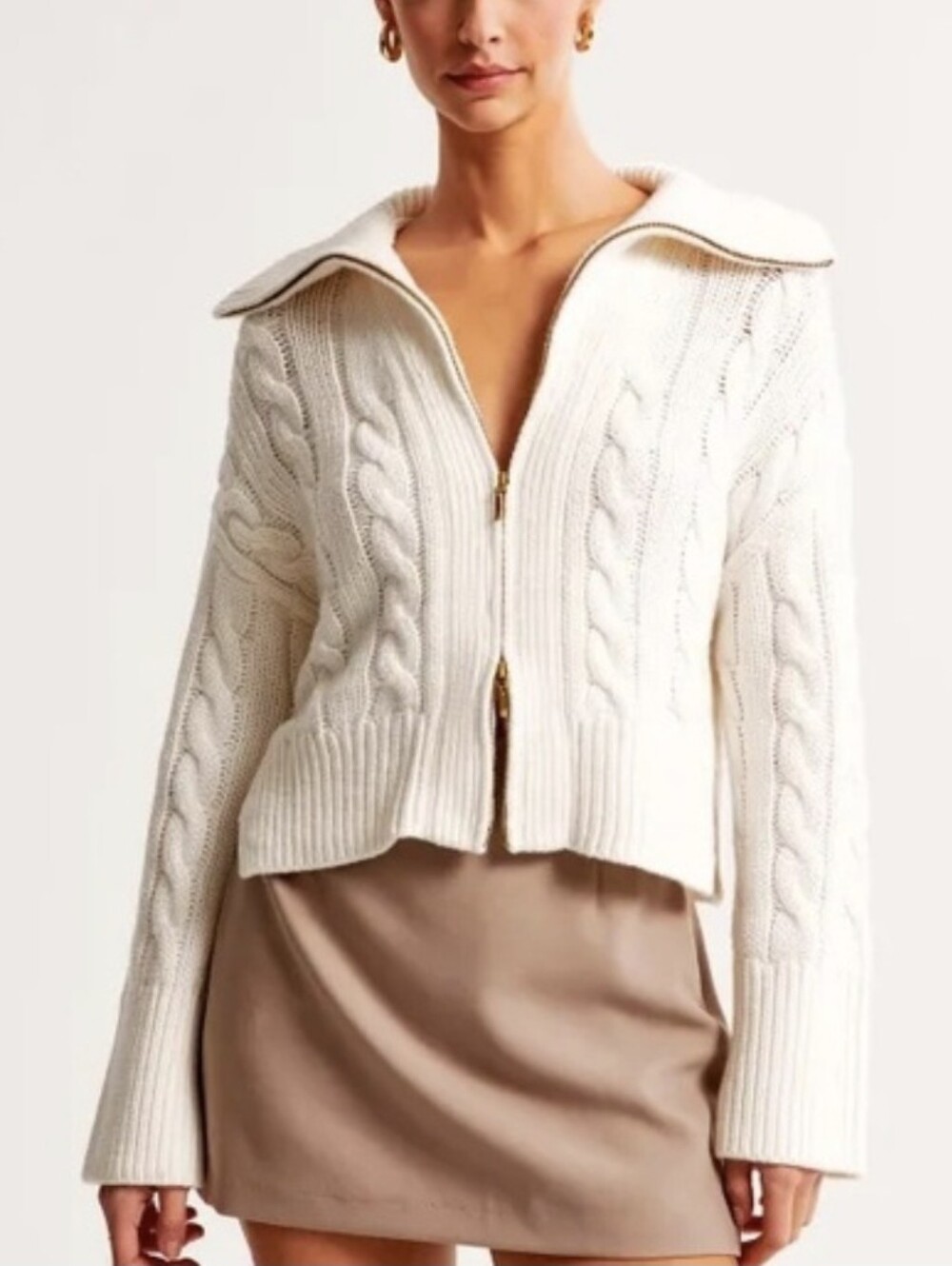 Abercrombie & Fitch Taupe Cable-Knit Zip Cardigan - Picture 9 of 9
